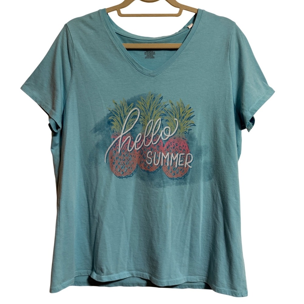 Womens Hello Summer Pineapple Graphic V-Neck T-Shirt Aqua Blue XL